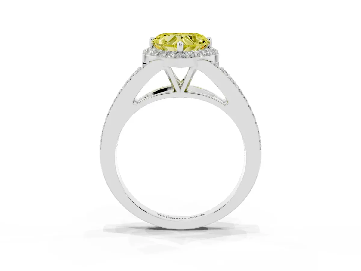 Fancy Yellow Heart Cut Halo Split Shank Pave Diamond Ring with Four-Prong Setting Platinum