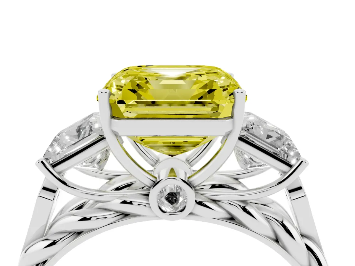 Fancy Yellow Three-Stone Asscher Cut Diamond Braided Band Ring with Four-Prong Setting Silver