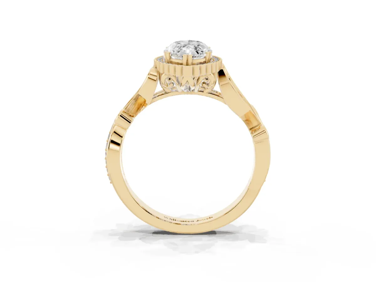 Marquise Cut Diamond Halo Ring with Vintage Split Shank and Four-Prong Setting Yellow gold
