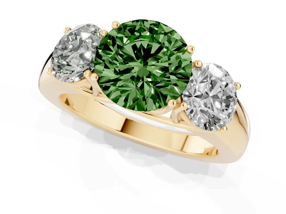 Fancy Green Three-Stone Round Cut Cut Diamond Ring with Prong Setting and Classic Band Yellow gold