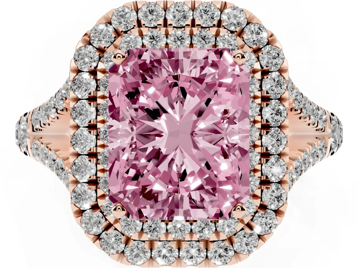 Fancy Pink Radiant Cut Diamond Pavé Split Shank Double Halo Engagement Ring Rose gold