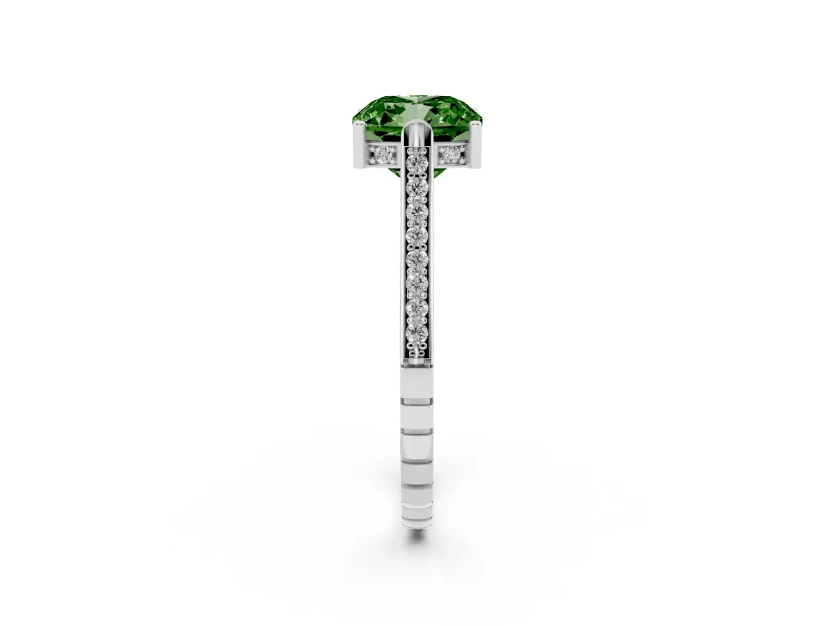 Fancy Green Cushion Cut Solitaire Diamond Ring with Channel Set Band and Bezel Prong Setting Silver