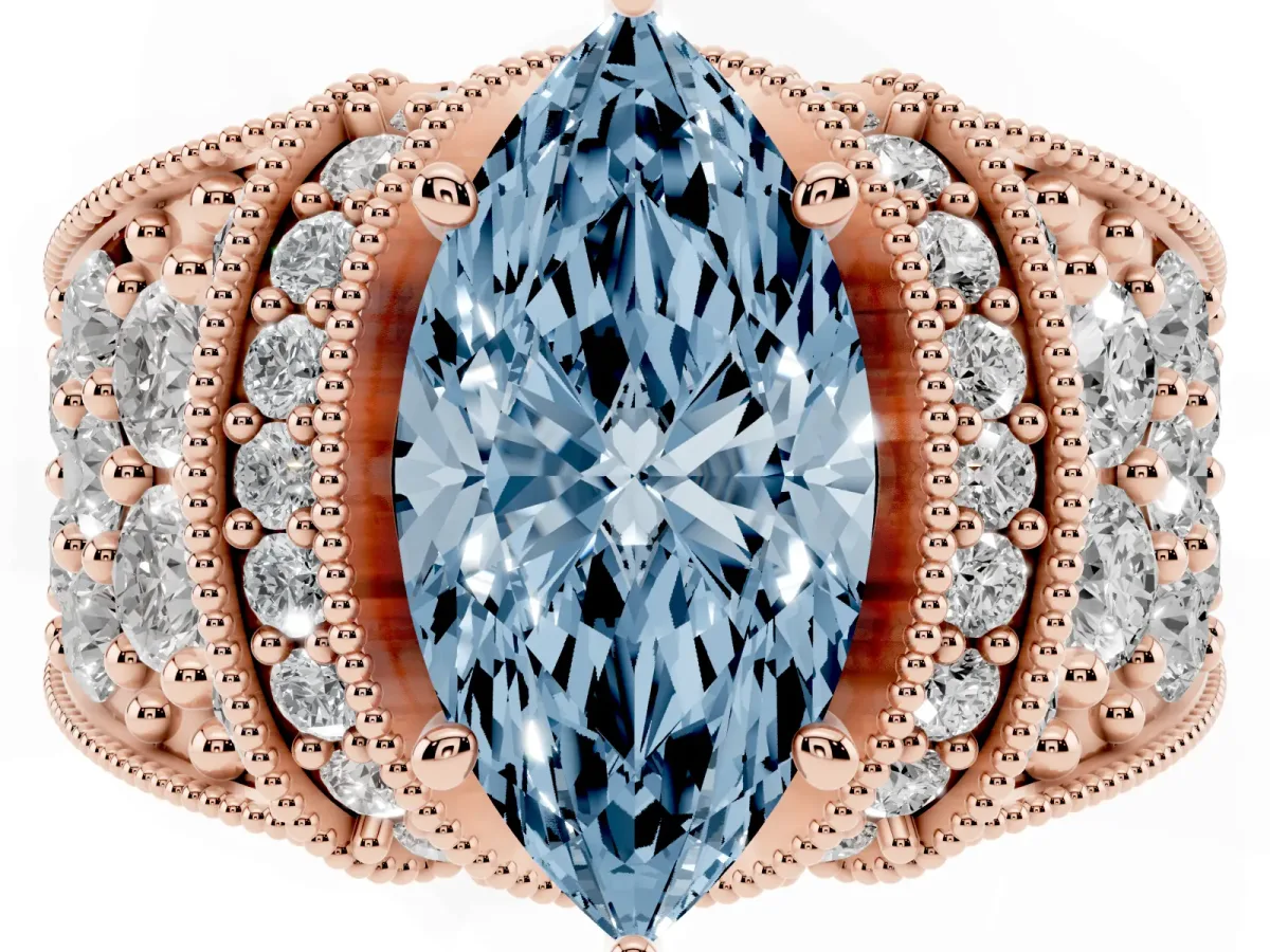 Fancy Blue Marquise Cut Halo Pave Diamond Engagement Ring with Milgrain Detailing Rose gold