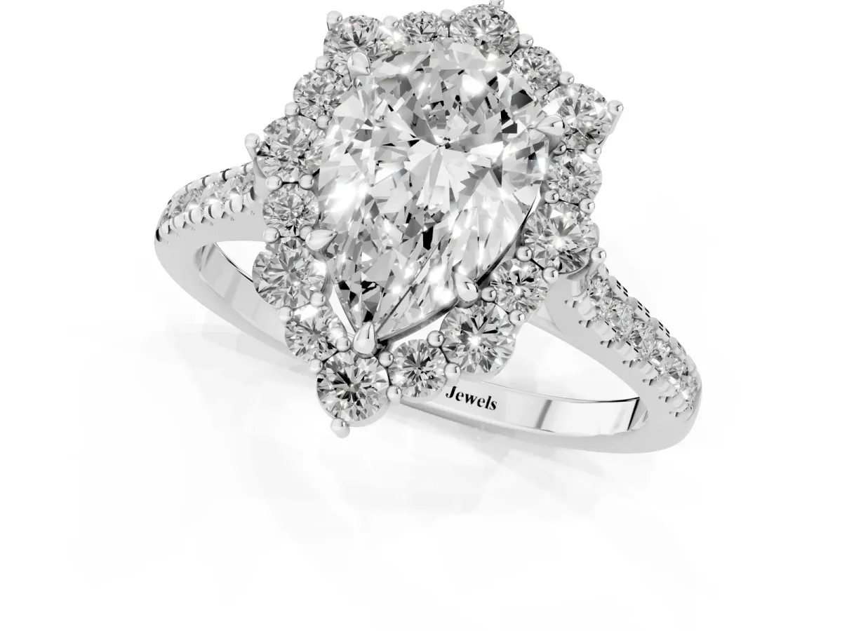 Pear Cut Halo Diamond Ring with Pavé Band and Prong Setting Silver