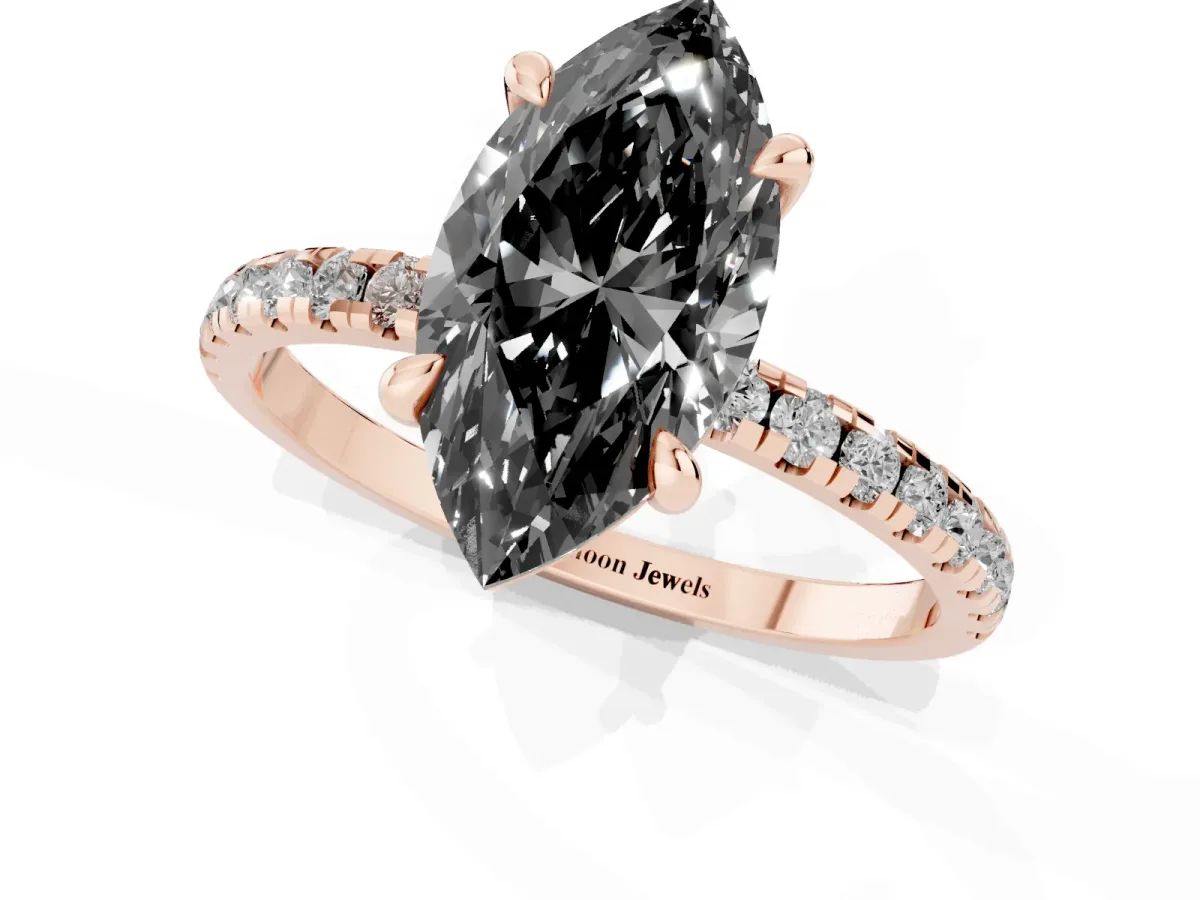 Fancy Black Marquise Cut Diamond Brilliant Solitaire Ring with Pavé Band and Four-Prong Setting Rose gold