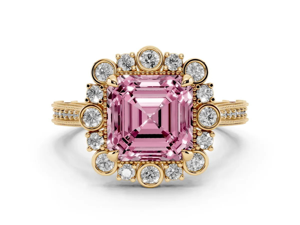 Fancy Pink Asscher Cut Halo Milgrain Pave Diamond Ring with Four-Prong Setting Yellow gold