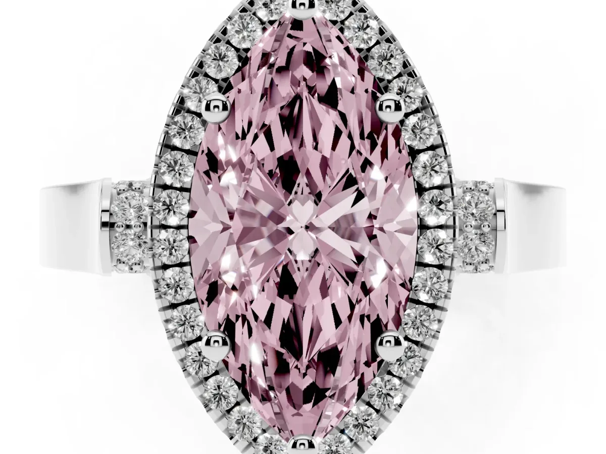 Fancy Pink Marquise Cut Halo Round Diamond Twist Band with Four-Prong Setting Silver