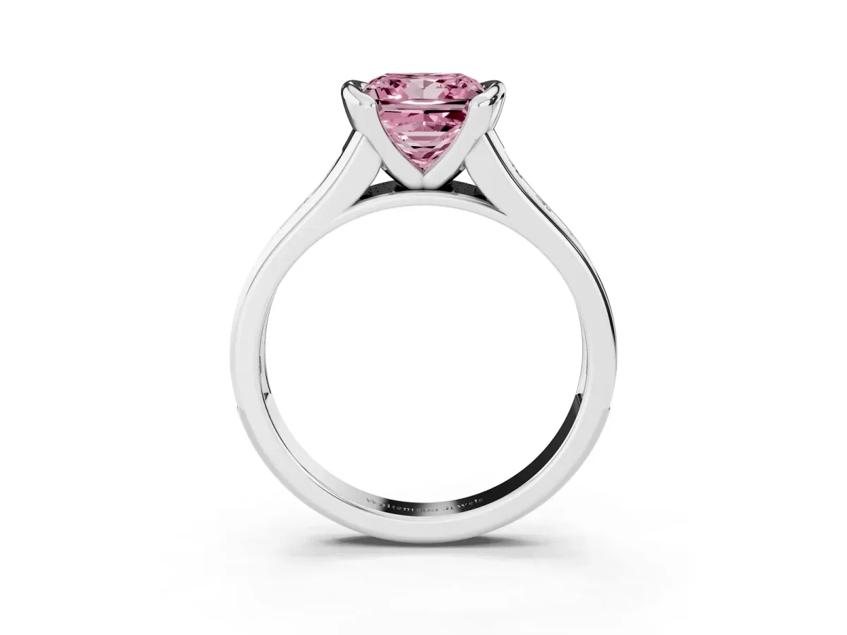Fancy Pink Princess Cut Solitaire Bezel-Set Diamond Ring with Channel-Set Band Silver