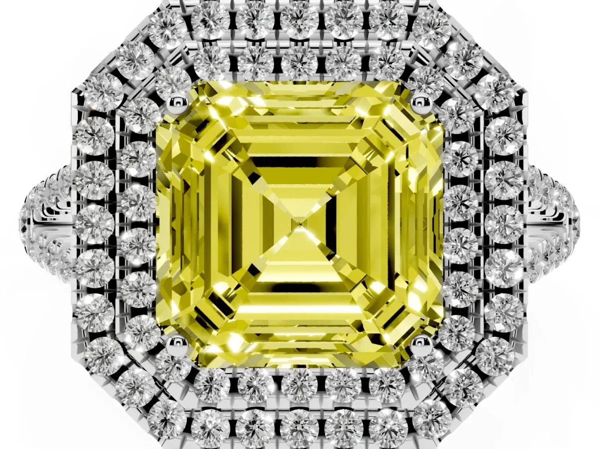 Fancy Yellow Asscher Cut Diamond Double Halo Ring with Pavé Band and Prong Setting Platinum
