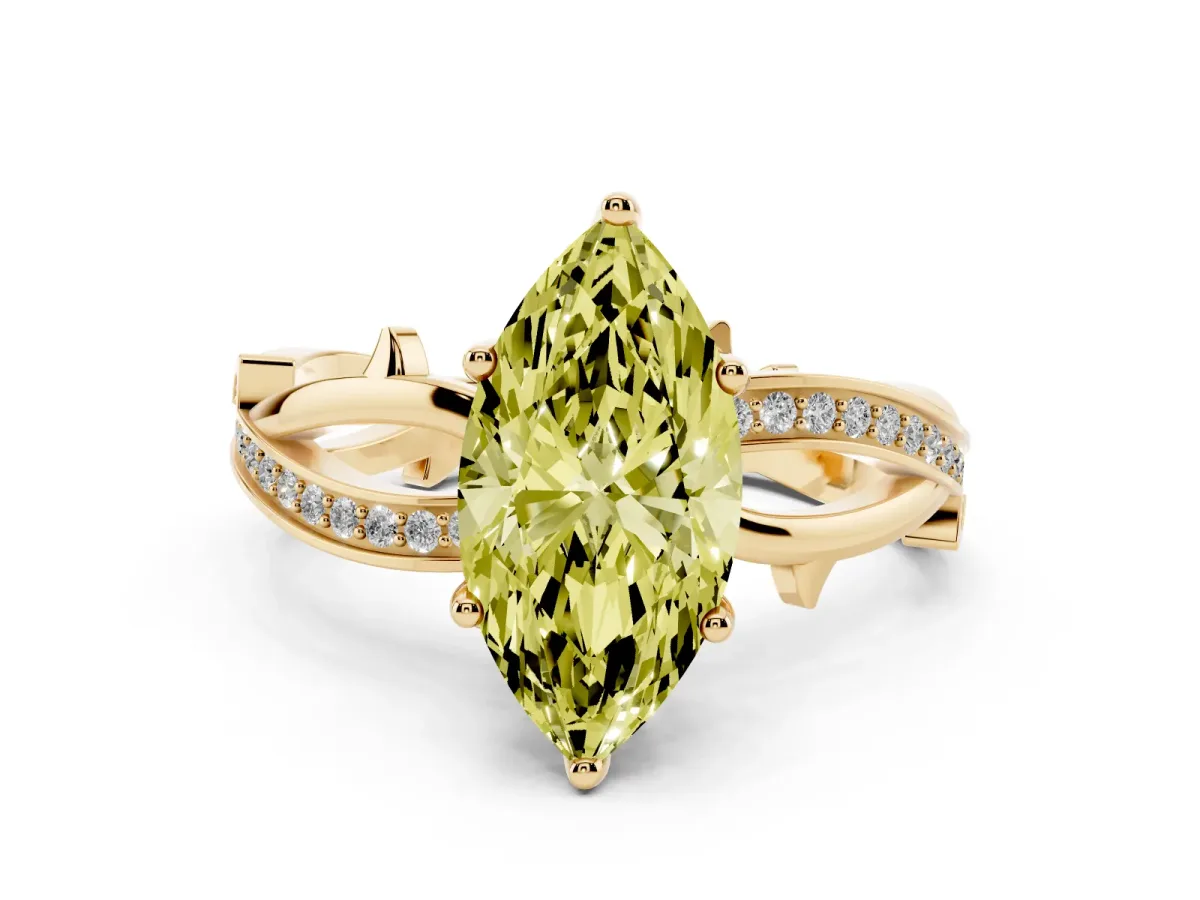 Fancy Yellow Marquise Cut Solitaire Twist Band with Pavé Accents and Four-Prong Setting Yellow gold