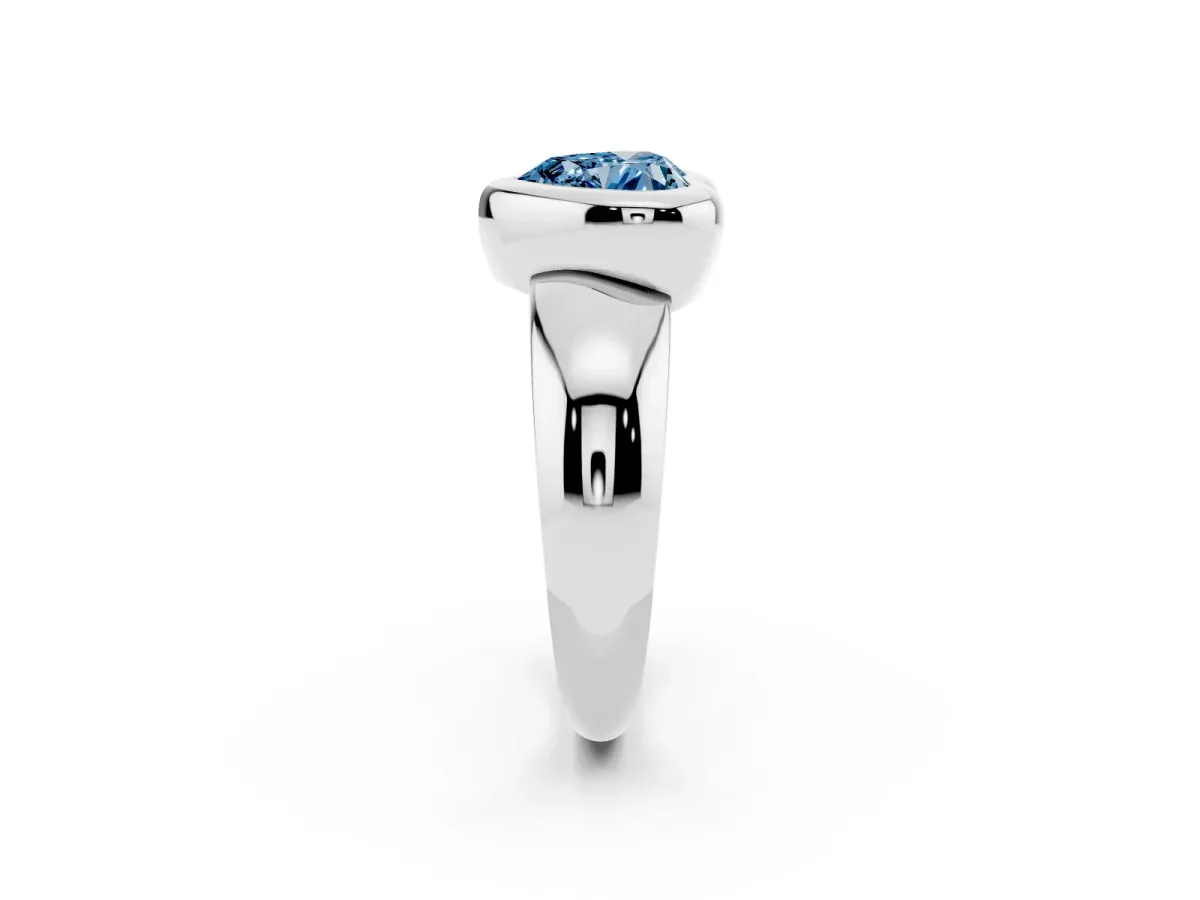 Fancy Blue Bezel Set Heart Cut Solitaire Ring with Wide Band Platinum