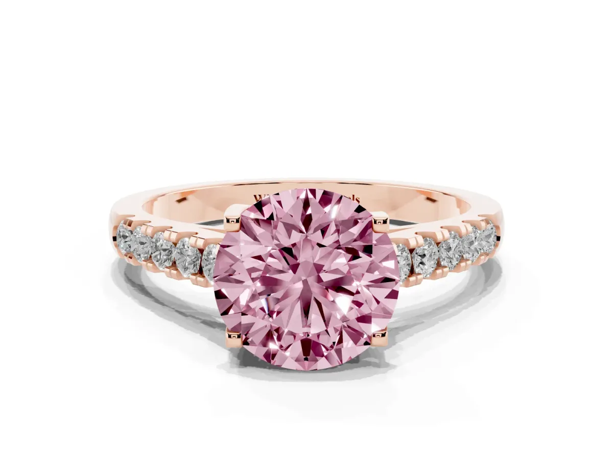 Fancy Pink Round Cut Diamond Pavé Band Solitaire Ring with Prong Setting Rose gold