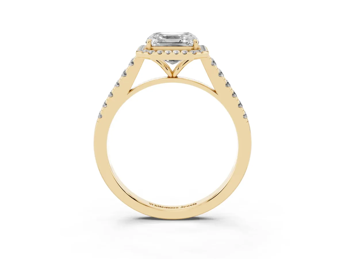 Asscher Cut Halo Pave Diamond Engagement Ring with Four-Prong Setting Yellow gold