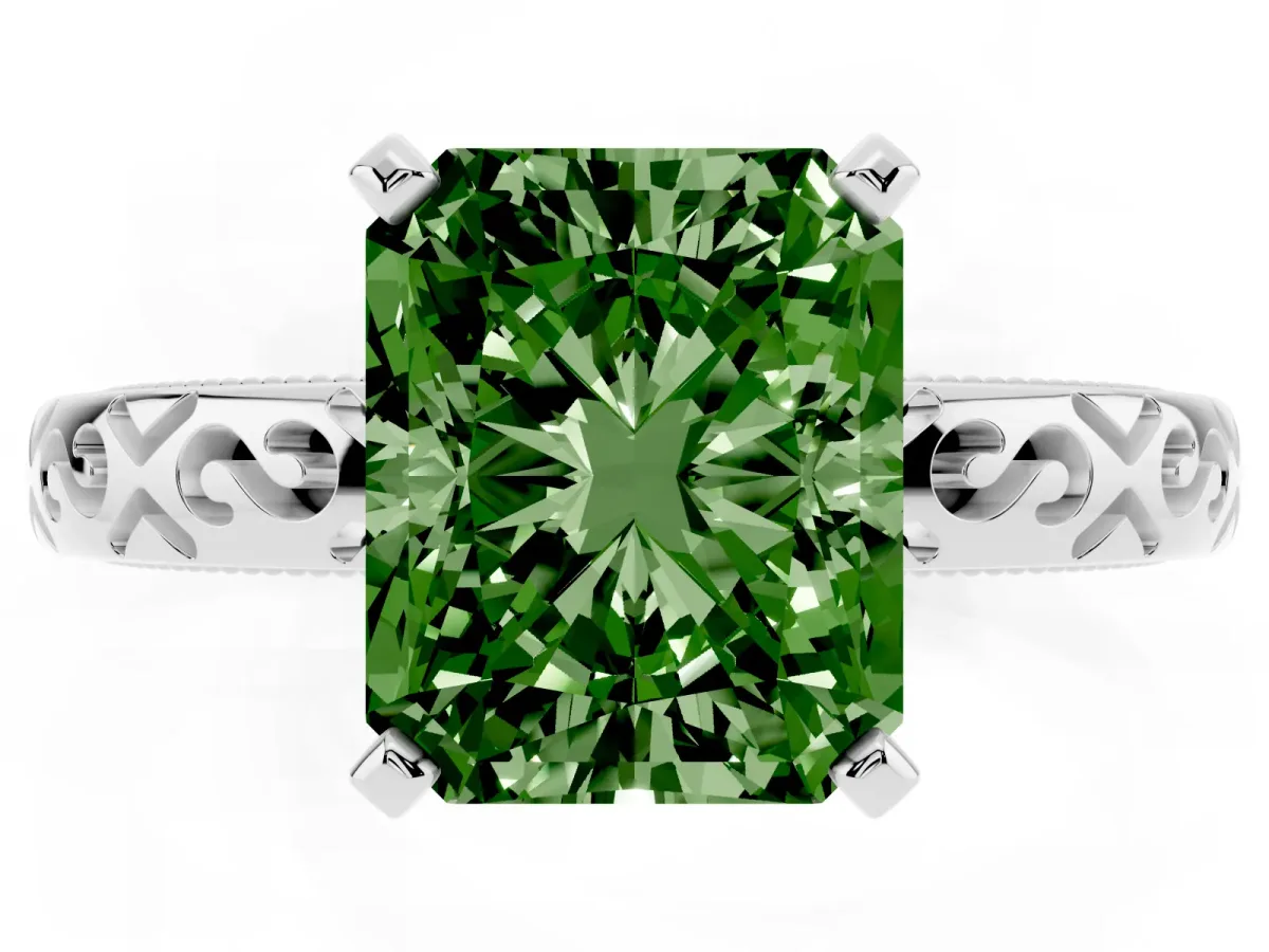 Fancy Green Radiant Cut Solitaire Engagement Ring with Scrollwork Band and Four-Prong Setting Silver