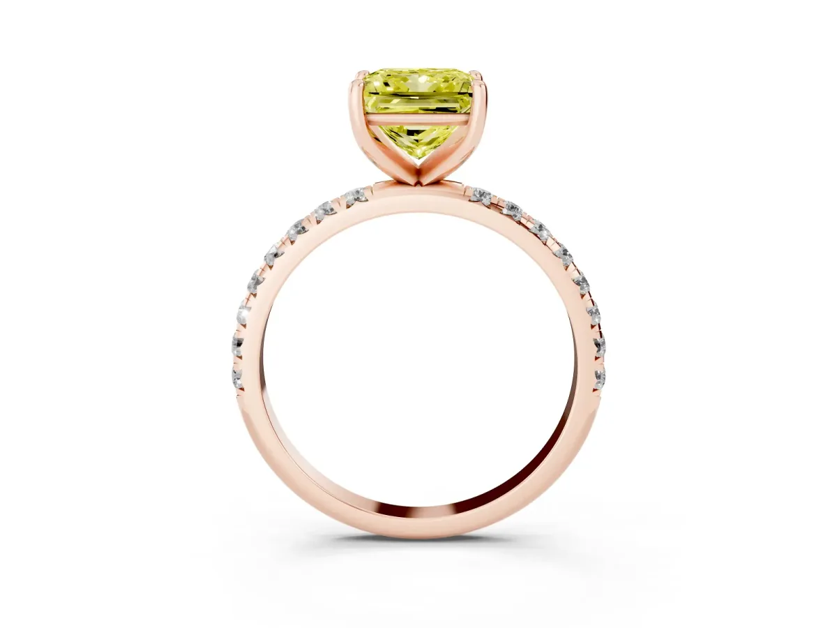 Fancy Yellow Princess Cut Cut Diamond Solitaire Ring with Micro Pave Band and Four Prong Setting Rose gold