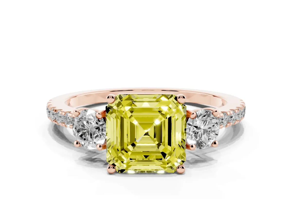 Fancy Yellow Three-Stone Asscher Cut Cut Diamond Pavé Band with Prong Setting Rose gold