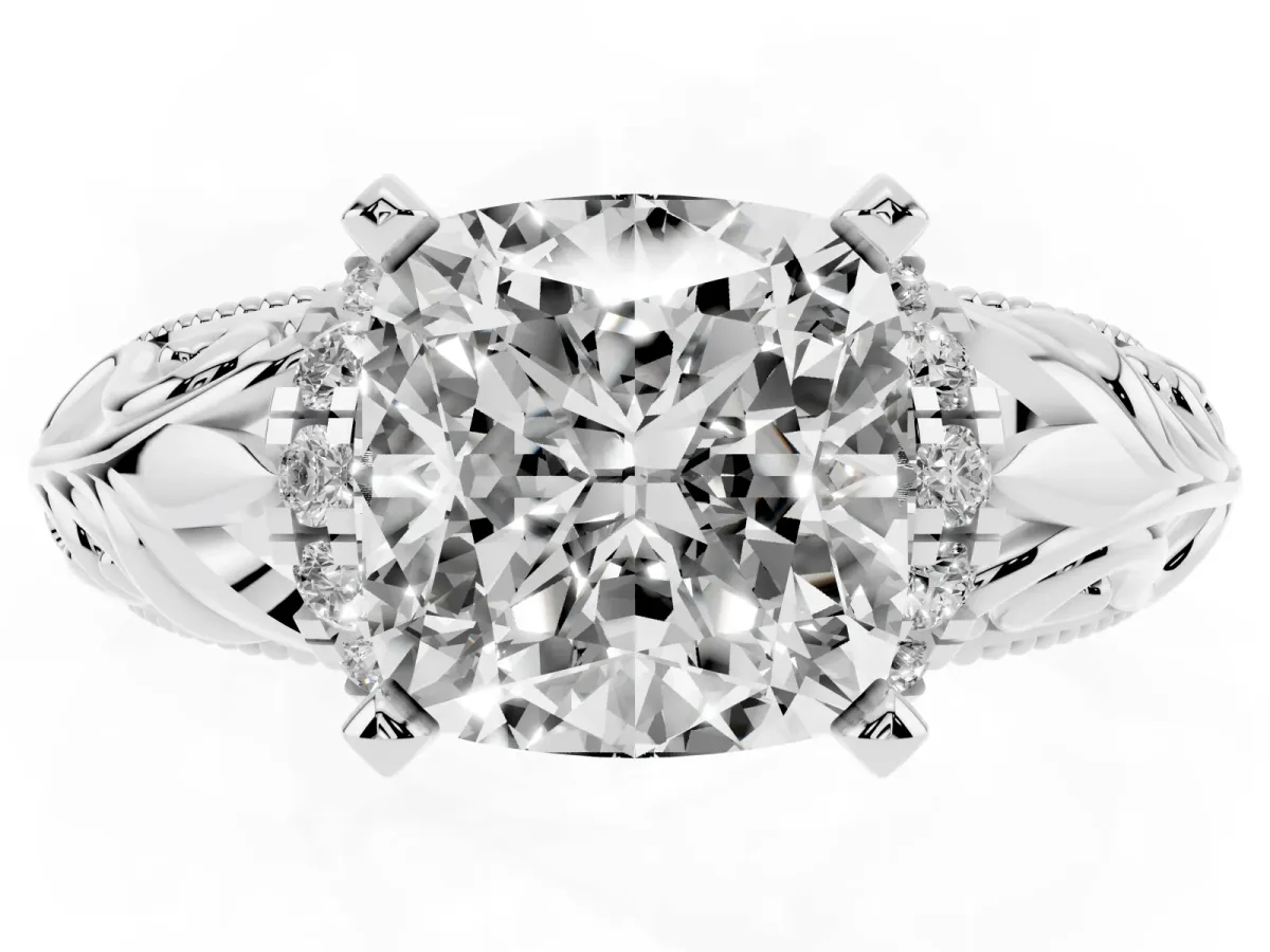 Cushion Cut Solitaire Filigree Engagement Ring with Halo and Prong Setting Silver