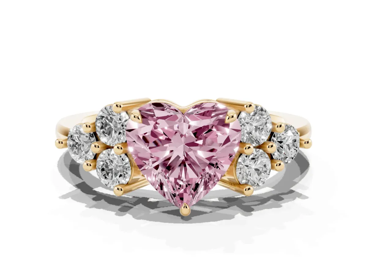 Fancy Pink Heart Cut Brilliant Diamond Cluster Accent Solitaire Ring with Prong Setting Yellow gold