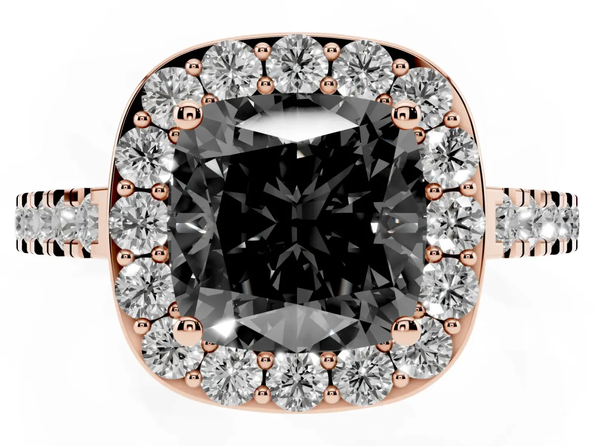 Fancy Black Cushion Cut Diamond Halo Ring with Round Pavé Split Shank and Prong Setting Rose gold
