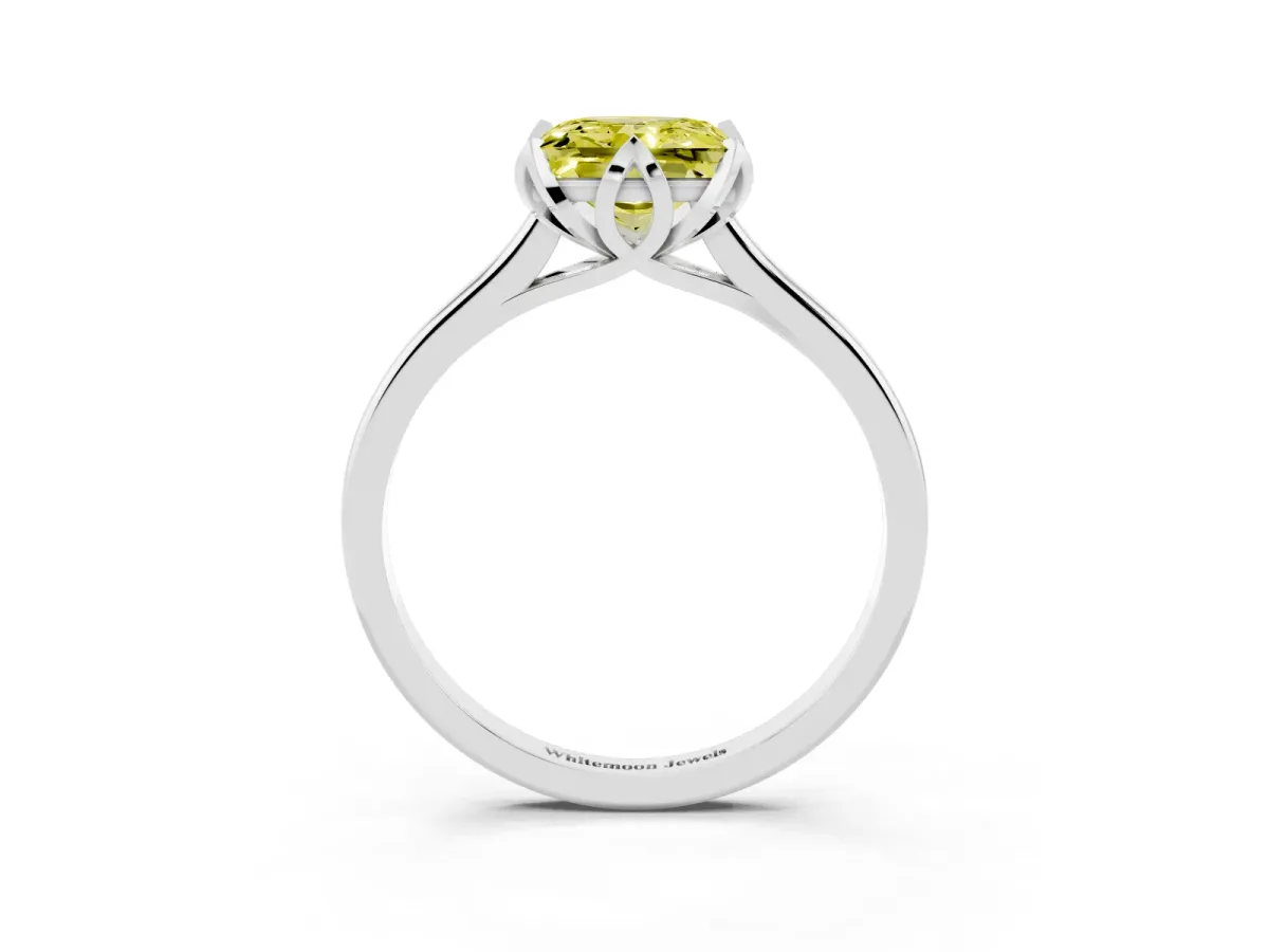 Fancy Yellow Princess Cut Diamond Solitaire Ring with Flower Prong Setting and Classic Band Silver