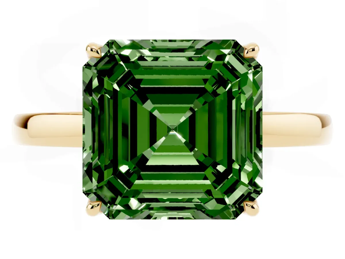 Fancy Green Asscher Cut Diamond Solitaire Ring with Thin Band and Prong Setting Yellow gold