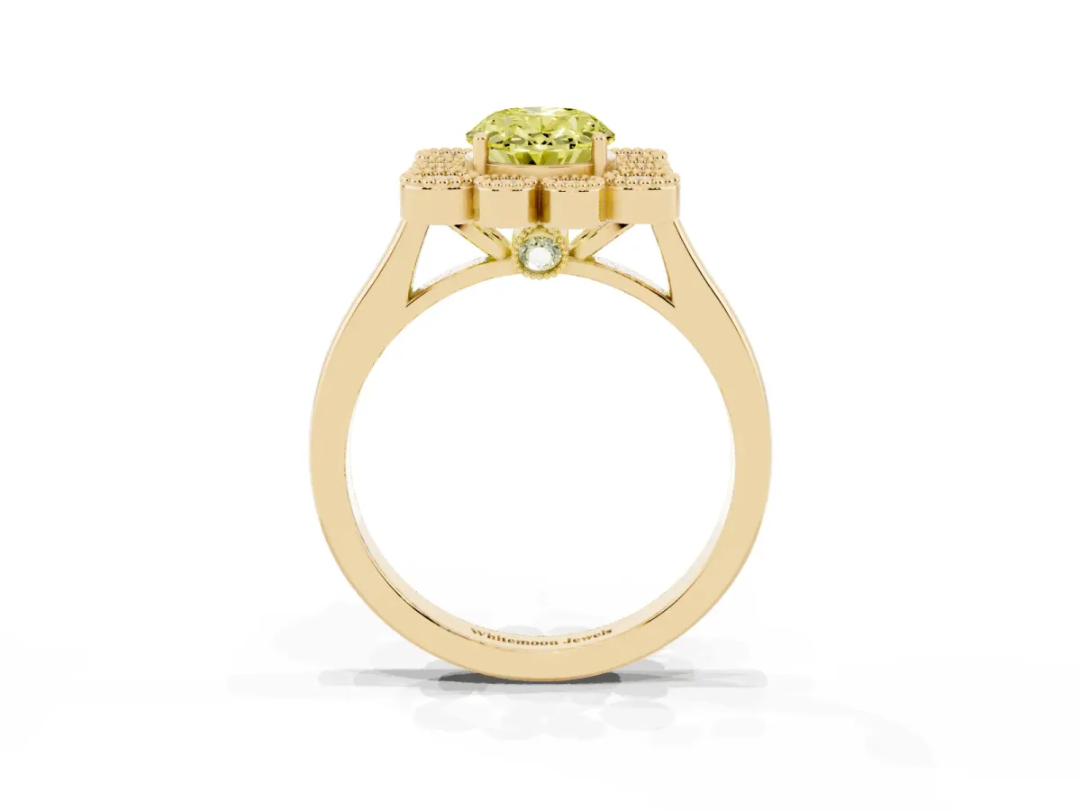 Fancy Yellow Oval Cut Halo Diamond Cluster Engagement Ring with Milgrain Bezel Setting and Solitaire Band Yellow gold
