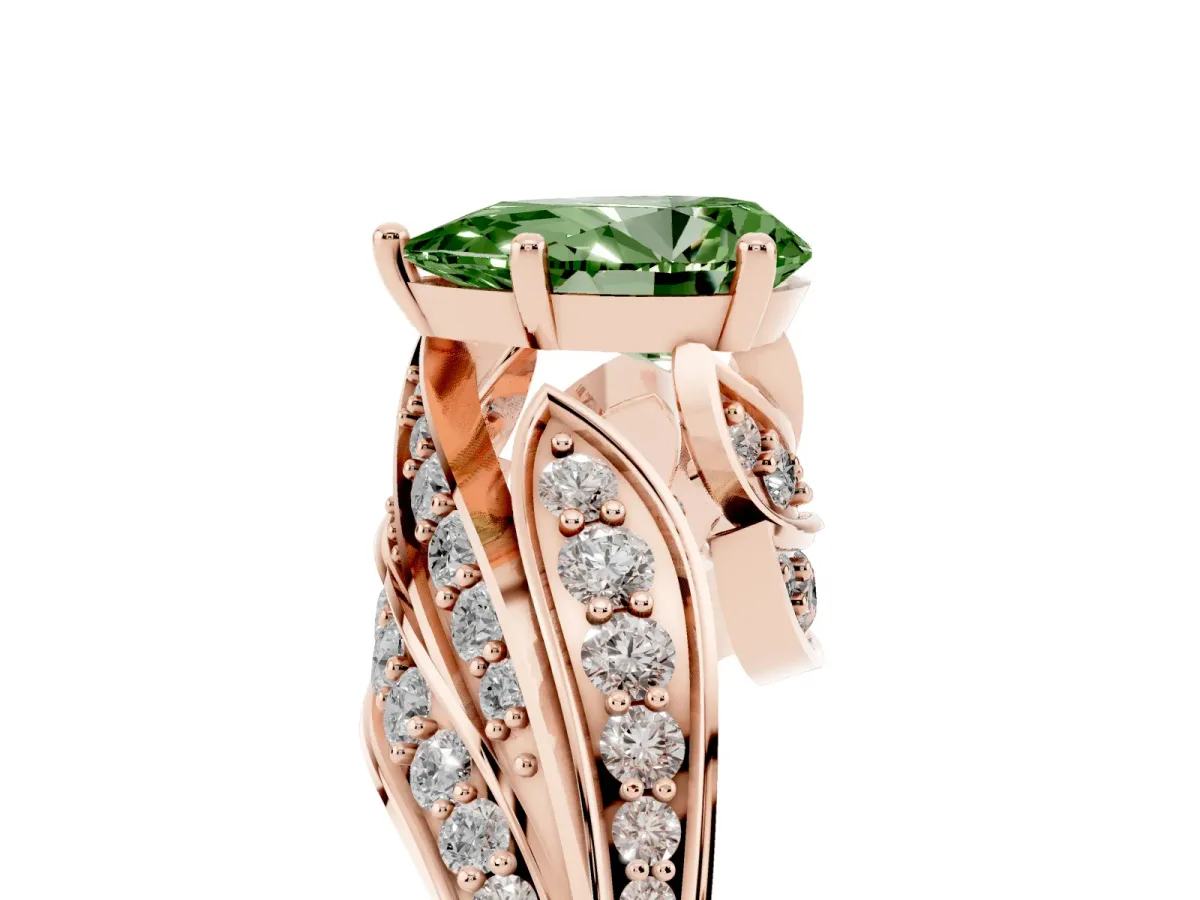 Fancy Green Pear Cut Diamond Solitaire Ring with Prong Setting and Twisted Pavé Band Rose gold