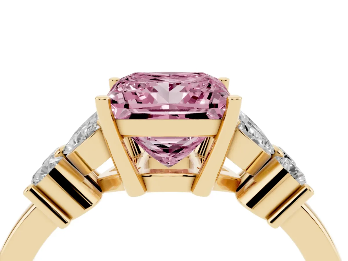 Fancy Pink Princess Cut Diamond Floral Cluster Ring with Solitaire Band and Prong Setting Yellow gold