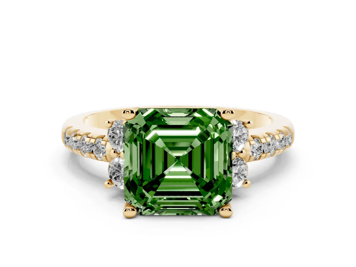 Fancy Green Asscher Cut Diamond Three-Stone Pave Band with Four-Prong Setting Yellow gold