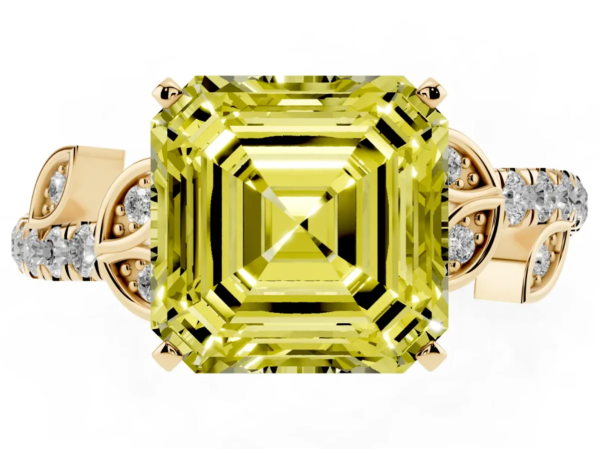 Fancy Yellow Asscher Cut Solitaire Leaf-Inspired Diamond Ring with Pavé Band and Four-Prong Setting Yellow gold