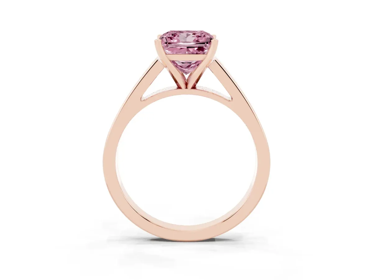 Fancy Pink Princess Cut Solitaire Engagement Ring with Four-Prong Setting and Tapered Band Rose gold