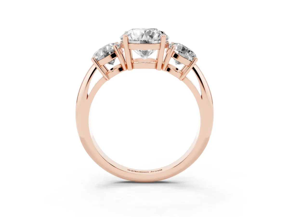 Three-Stone Round Cut Cut Diamond Engagement Ring with Prong Setting on a White Gold Band Rose gold