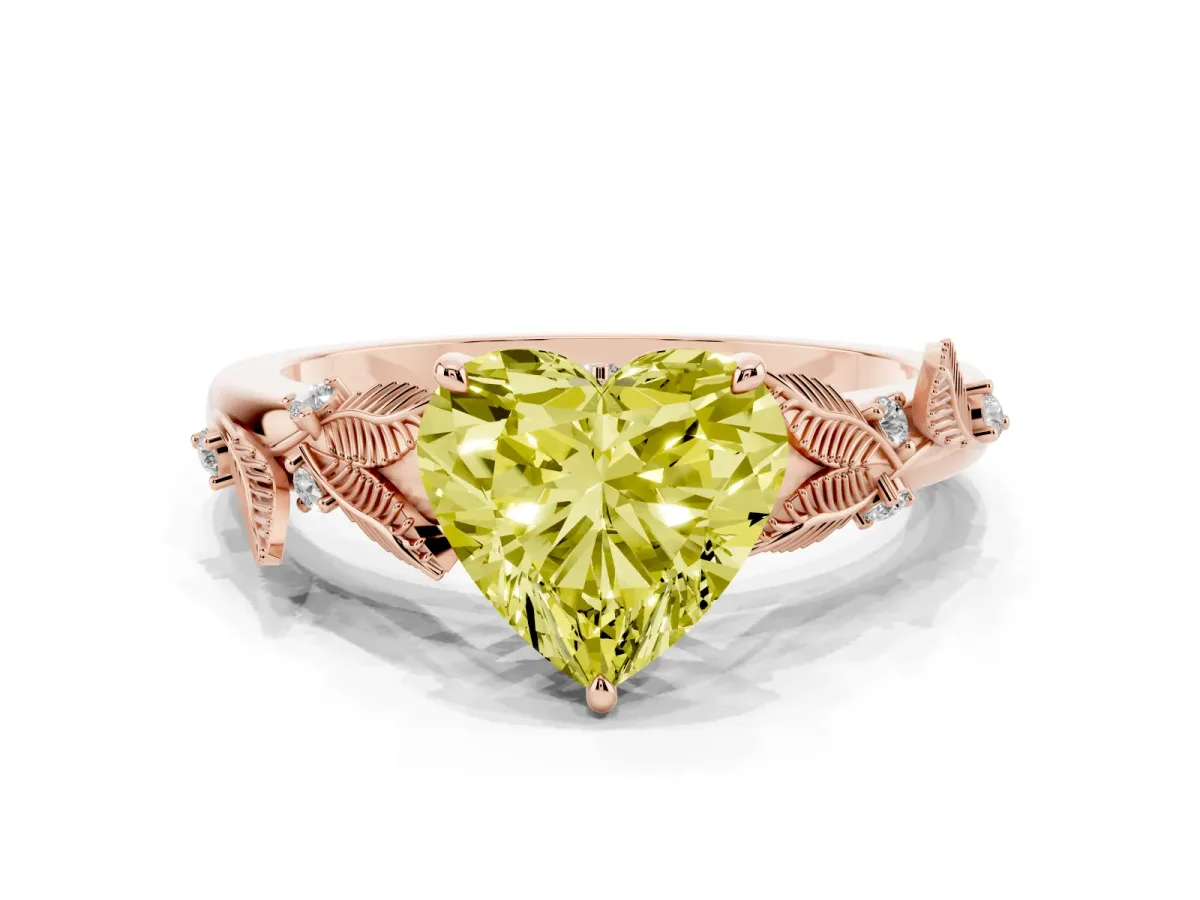 Fancy Yellow Heart Cut Diamond Solitaire Ring with Leaf Motif Band and Four-Prong Setting Rose gold