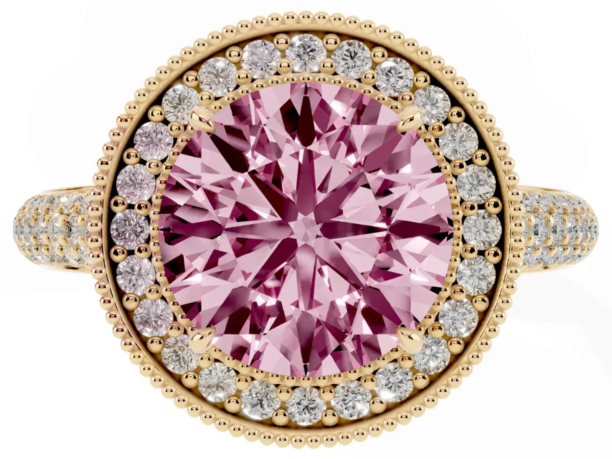 Fancy Pink Round Cut Cut Halo Diamond Pave Band with Four-Prong Setting Yellow gold