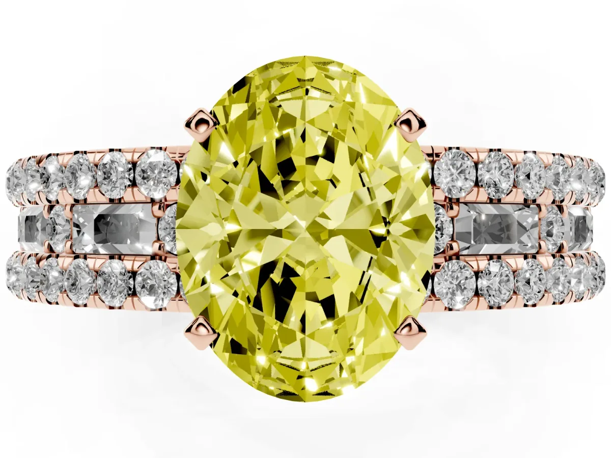 Fancy Yellow Oval Cut Diamond Solitaire Ring with Pavé and Channel Set Band Rose gold