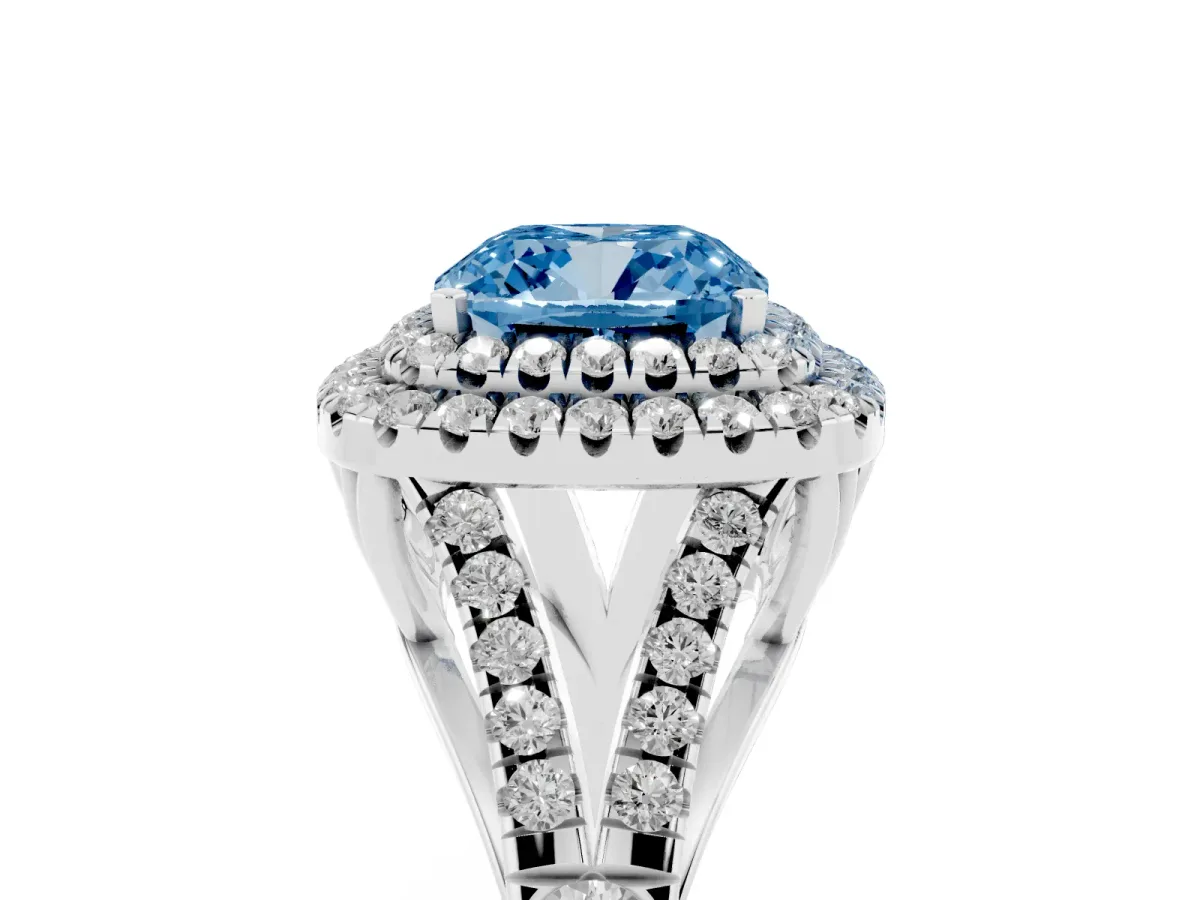 Fancy Blue Cushion Cut Diamond Pavé Split Shank Double Halo Engagement Ring Silver