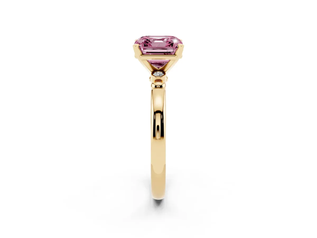 Fancy Pink Asscher Cut Solitaire Beaded Band with Four-Prong Setting Yellow gold