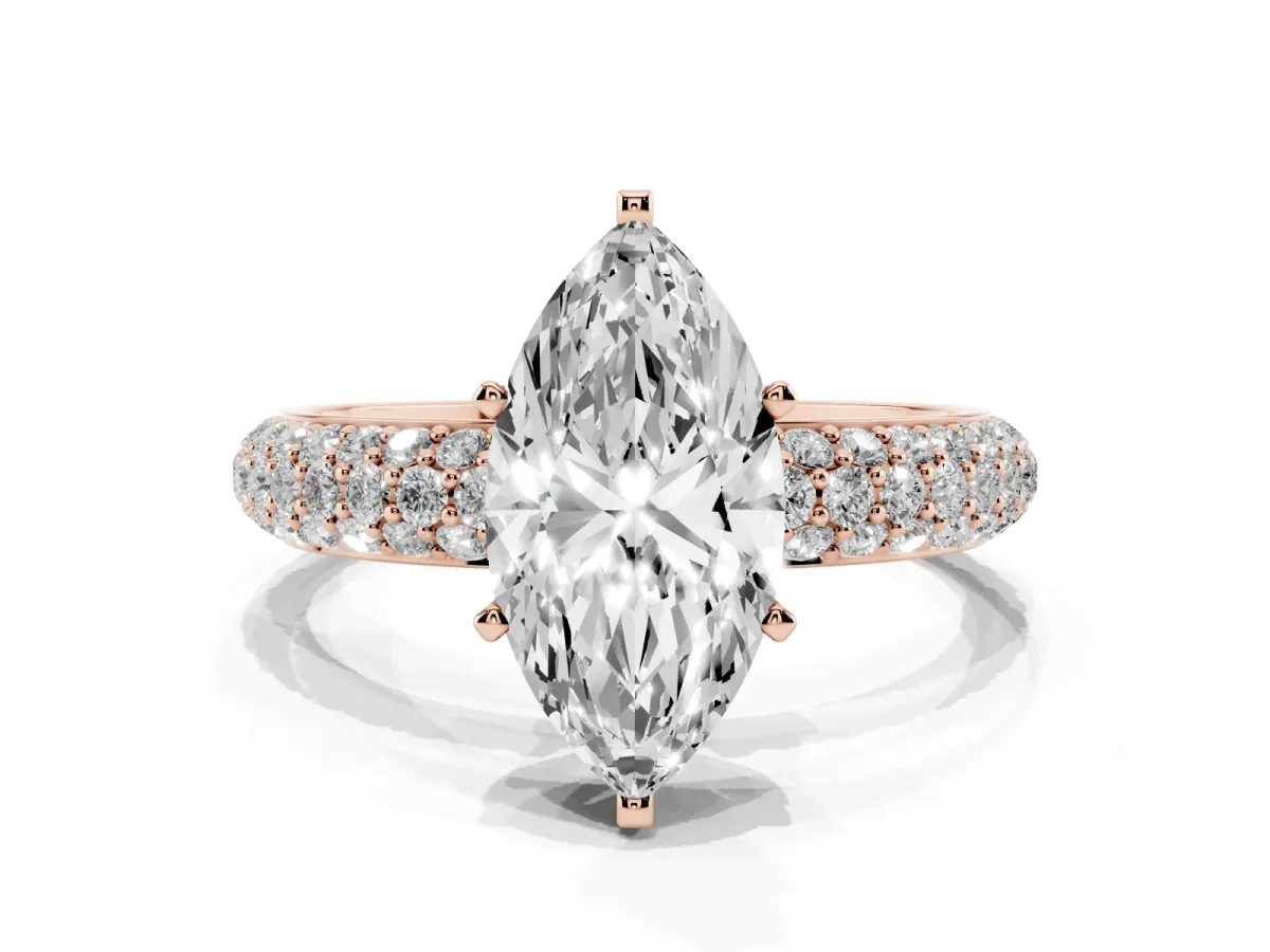 Marquise Cut Diamond Solitaire Ring with Prong Setting and Pavé Band Rose gold