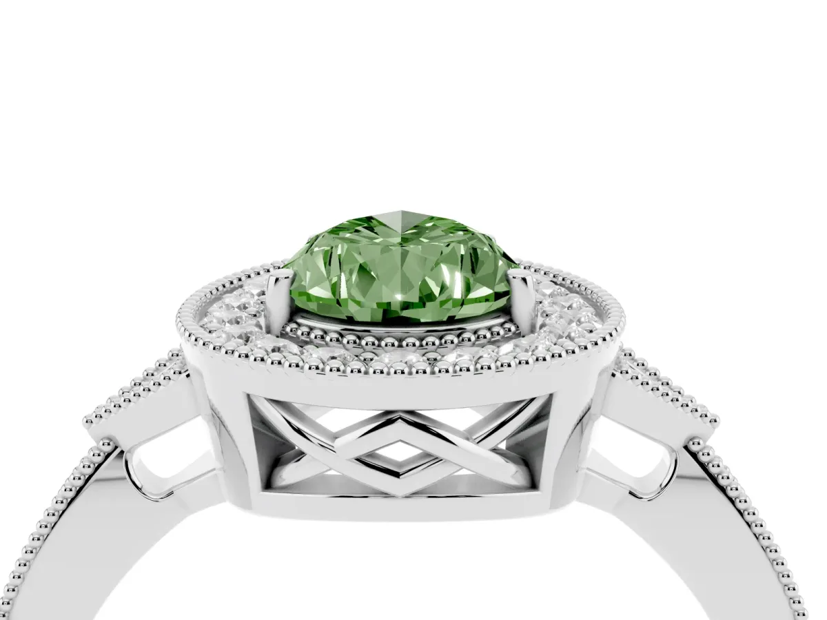 Fancy Green Pear Cut Halo Round Diamond Milgrain Pave Engagement Ring White gold