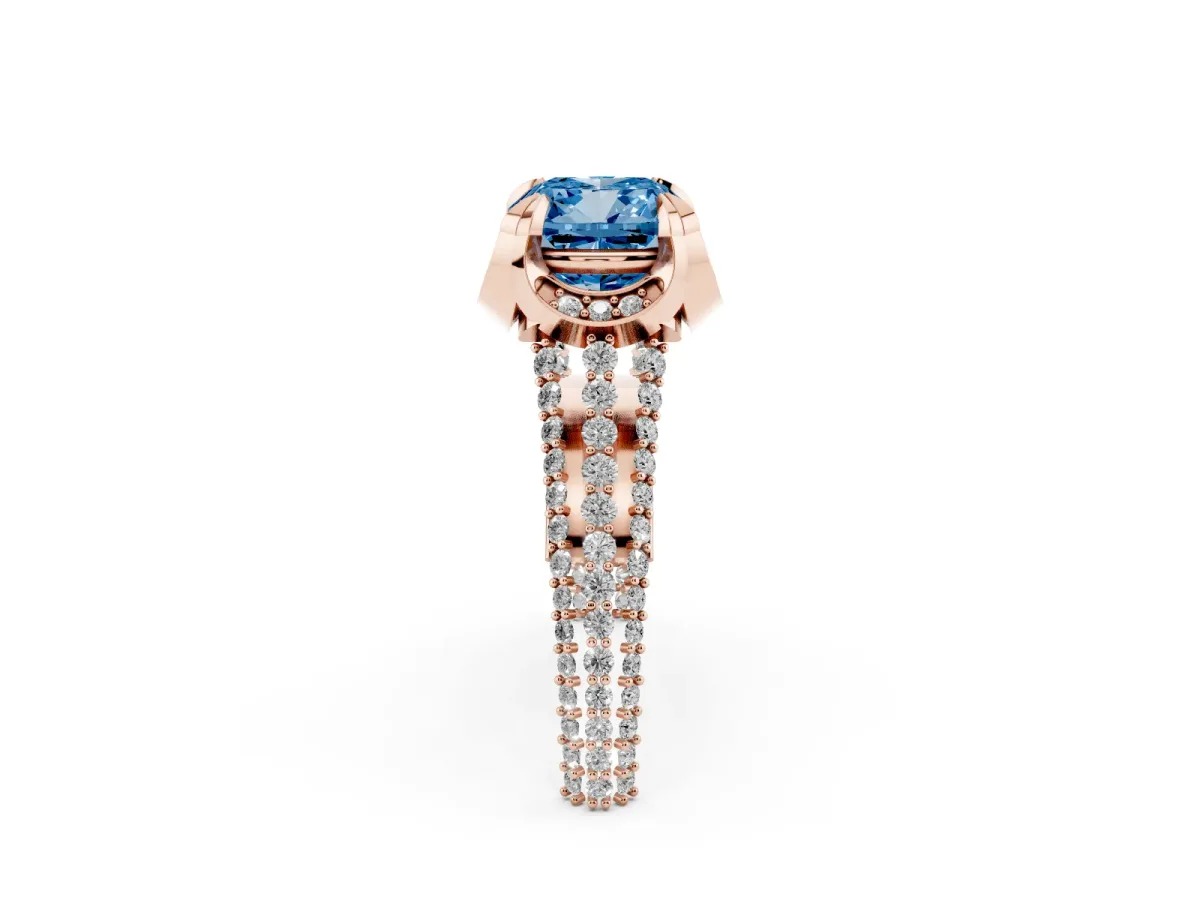 Fancy Blue Cushion Cut Solitaire Pave Split Shank Ring with Four-Prong Setting Rose gold