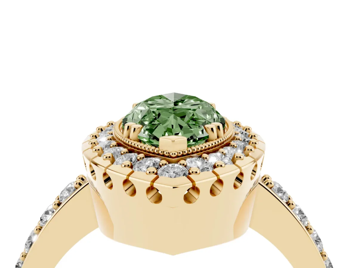 Fancy Green Marquise Cut Diamond Halo Ring with Pavé Band and Prong Setting Yellow gold