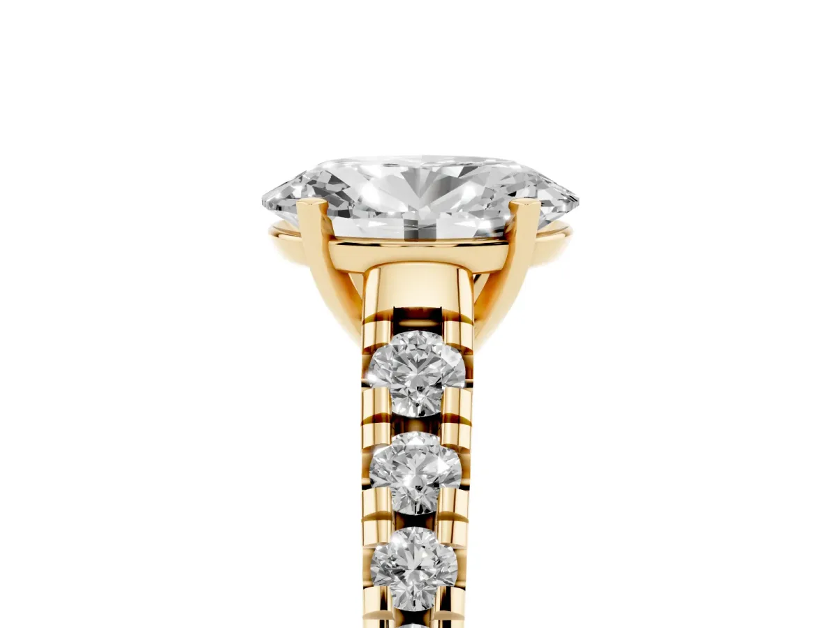 Oval Cut Diamond Cathedral Solitaire Ring with Round Pavé Band Yellow gold