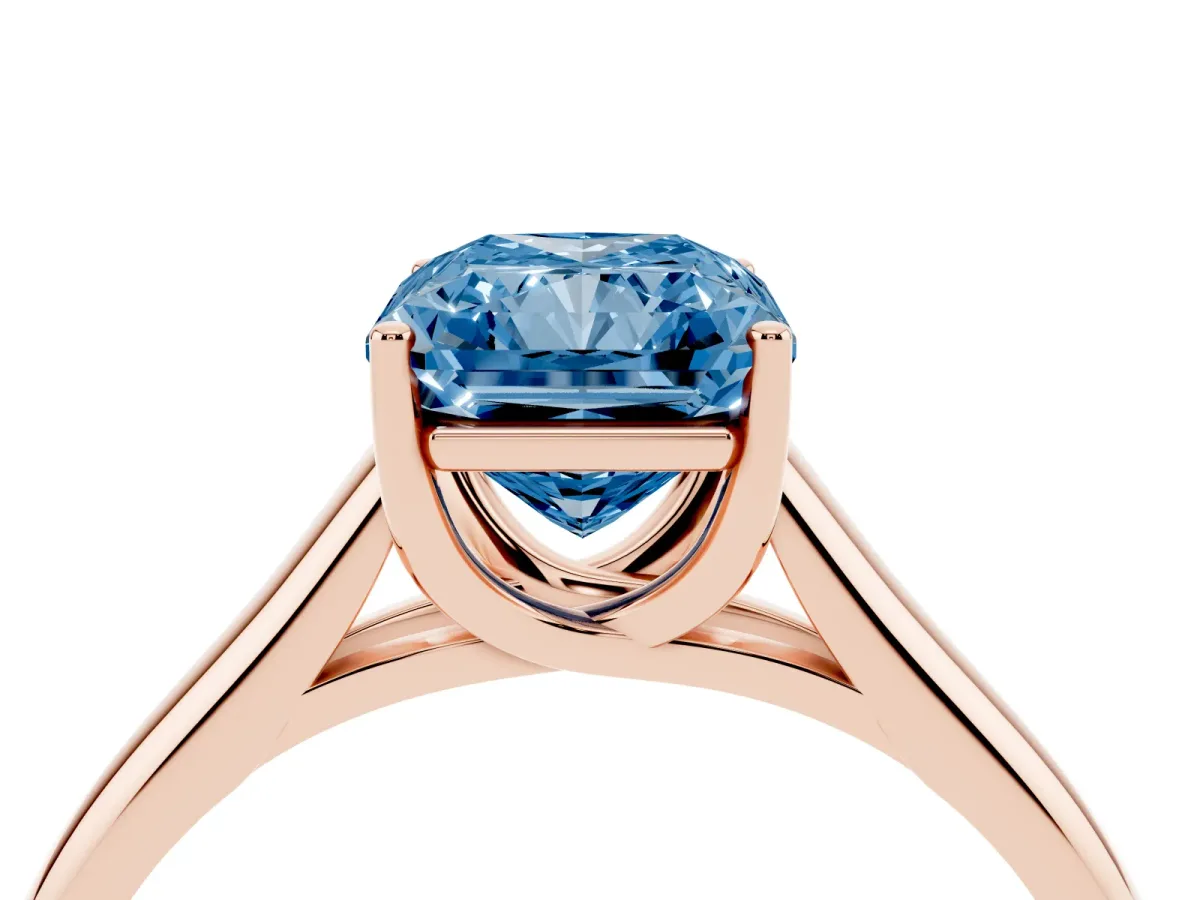 Fancy Blue Radiant Cut Solitaire Engagement Ring with Tapered Band and Four-Prong Setting Rose gold