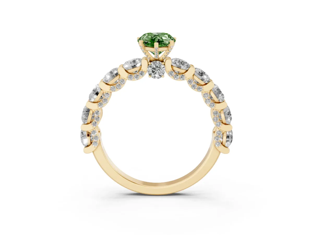 Fancy Green Pear Cut Diamond Side Stone Engagement Ring with Four-Prong Setting Yellow gold