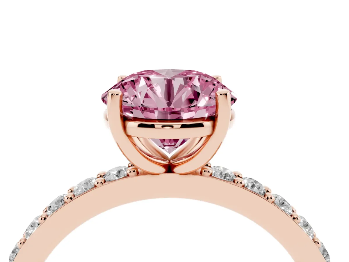 Fancy Pink Round Cut Cut Diamond Solitaire with Pave Band and Four-Prong Setting Rose gold