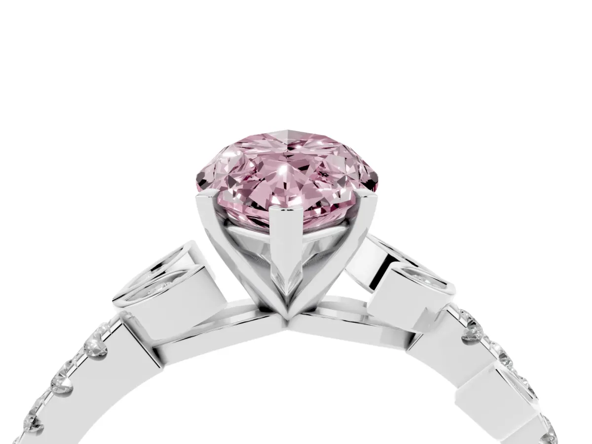 Fancy Pink Marquise Cut Solitaire Leaf-Inspired Diamond Ring with Pavé Band and Four-Prong Setting Silver