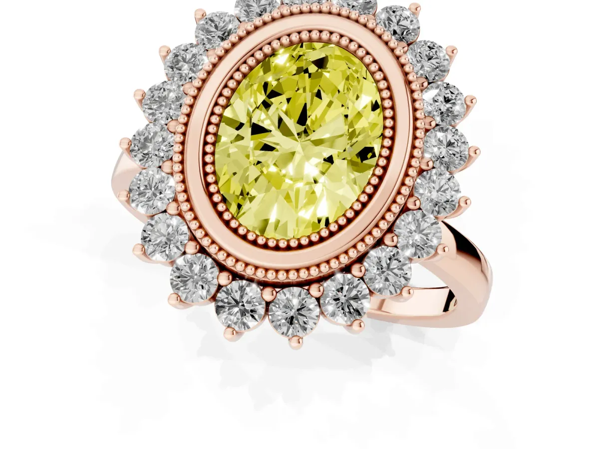 Fancy Yellow Oval Cut Halo Diamond Ring with Milgrain Edge and Round Prong Setting Rose gold