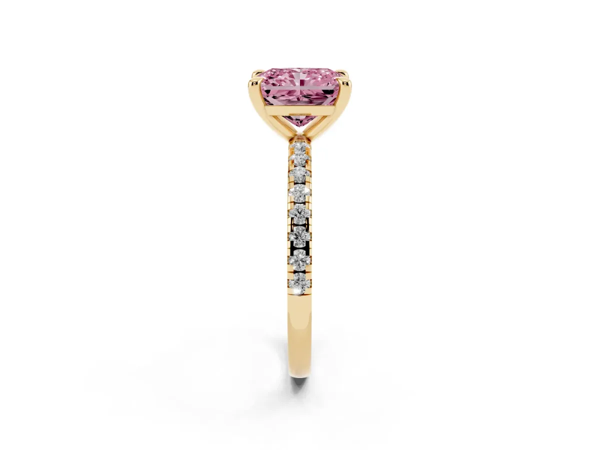 Fancy Pink Radiant Cut Diamond Brilliant Solitaire Ring with Pavé Band and Four-Prong Setting Yellow gold