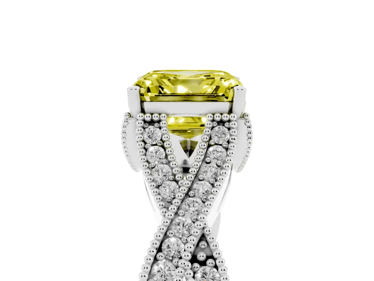 Fancy Yellow Asscher Cut Cut Diamond Twisted Band with Milgrain Pave Setting and Four-Prong Setting Silver
