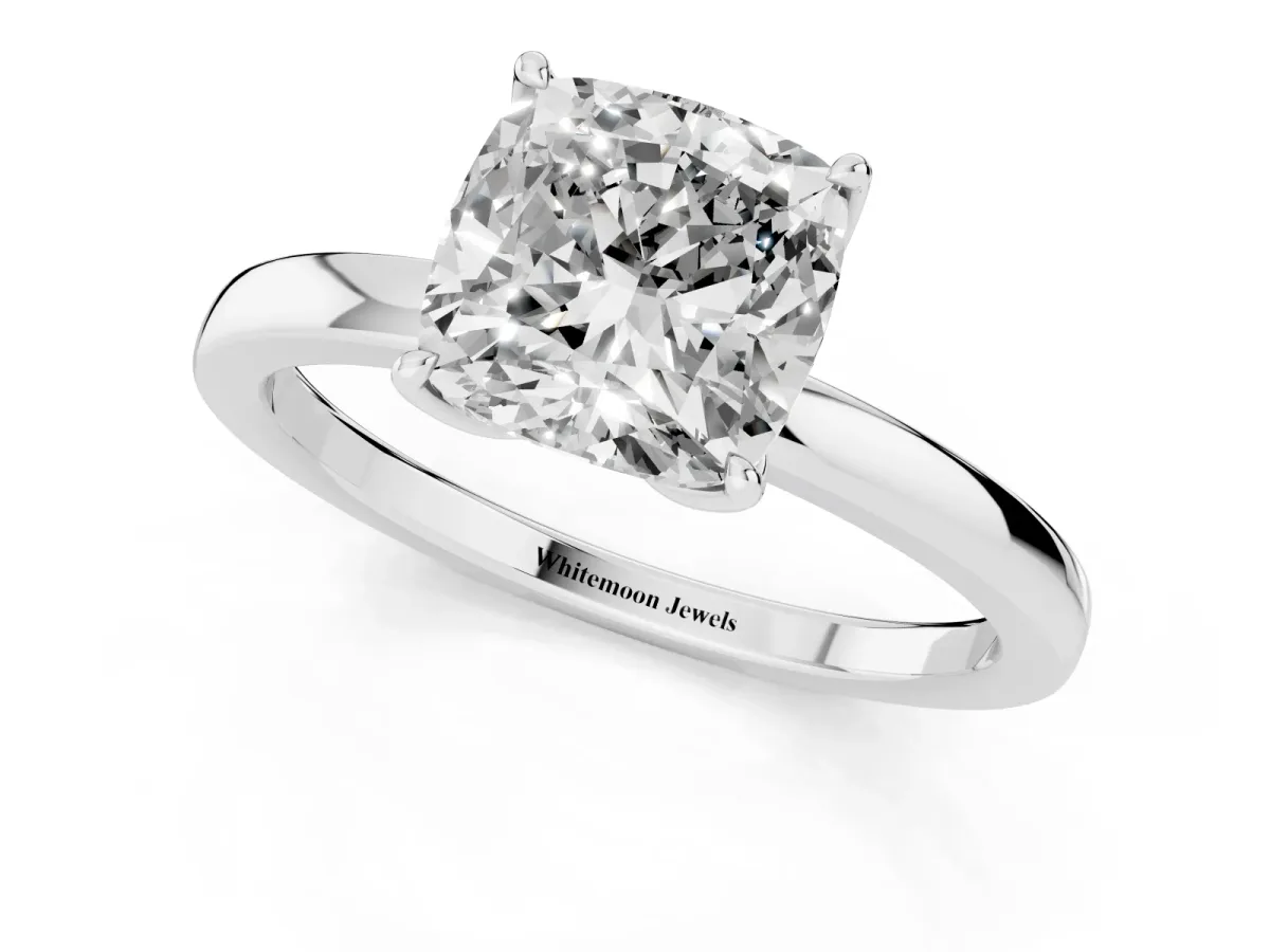 Cushion Cut Diamond Solitaire Ring with Thin Band and Prong Setting Silver